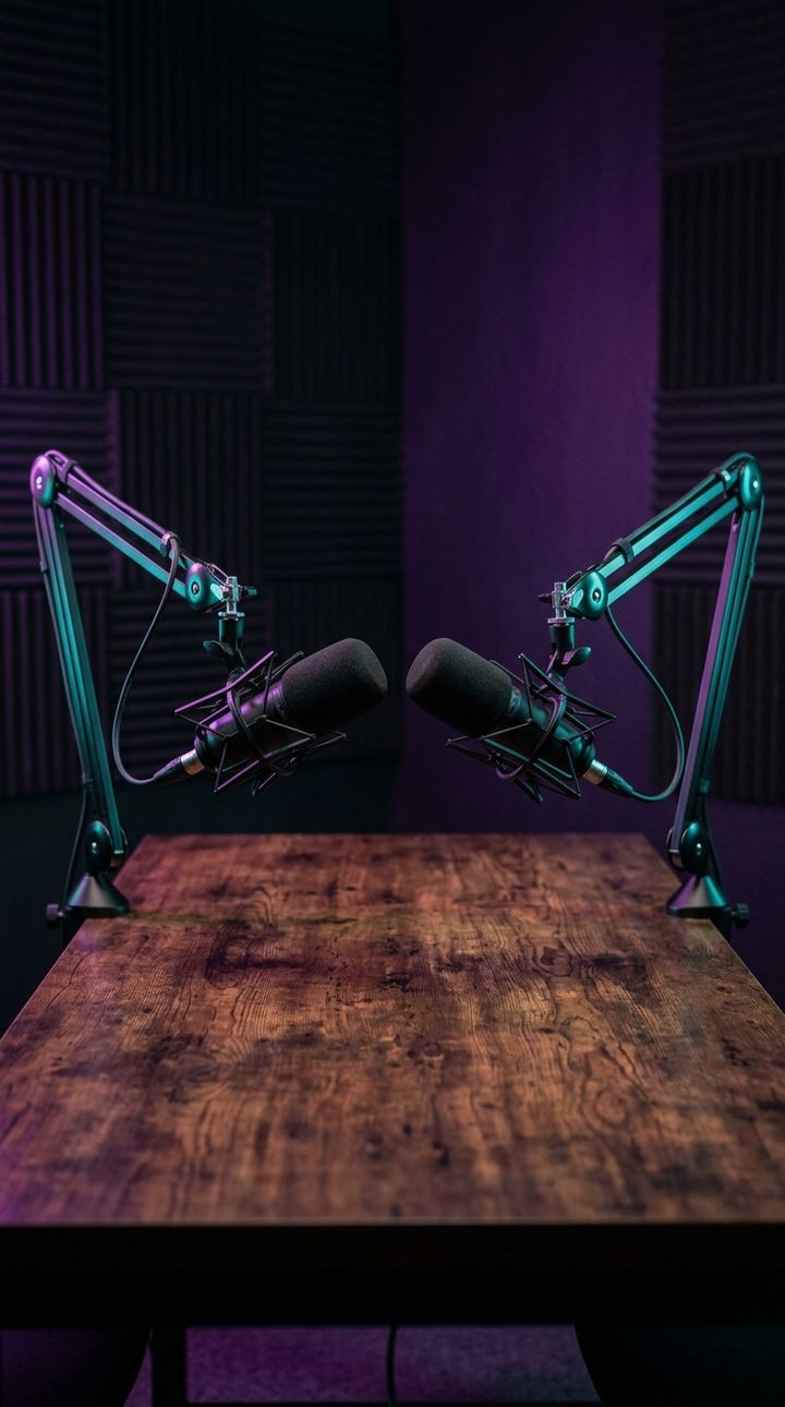 Two podcast microphones facing each other across a table in purple and teal light